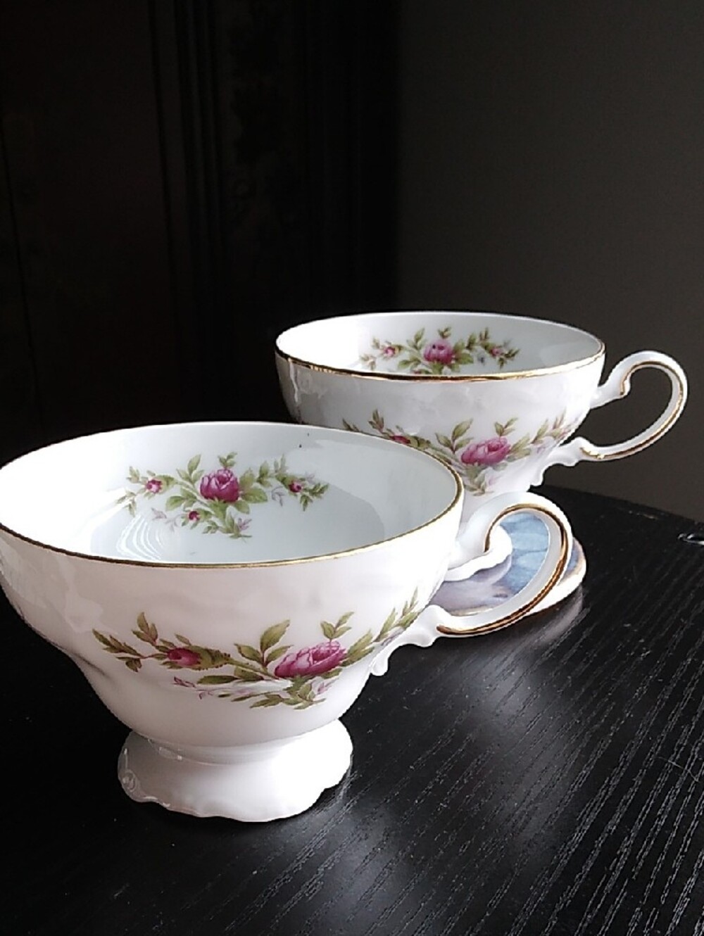 Johann Haviland Vintage White Porcelain Teacups with Pink Rose Motif Gold Trim